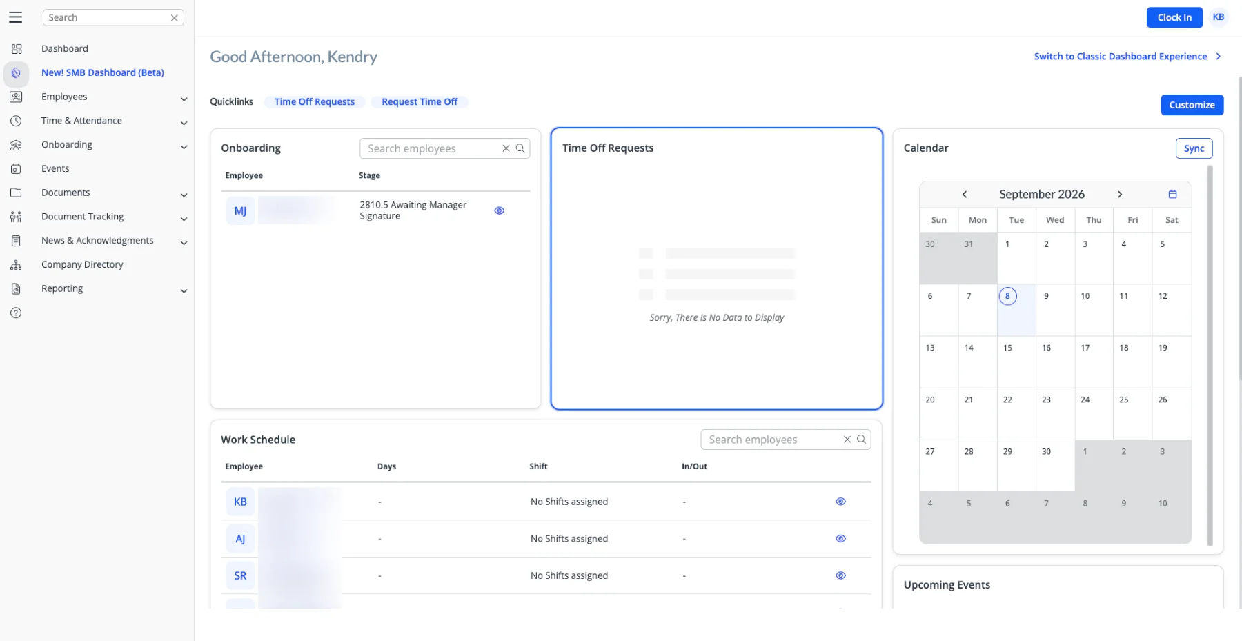 Plataforma web: panel del administrador con onboarding, calendario y horarios