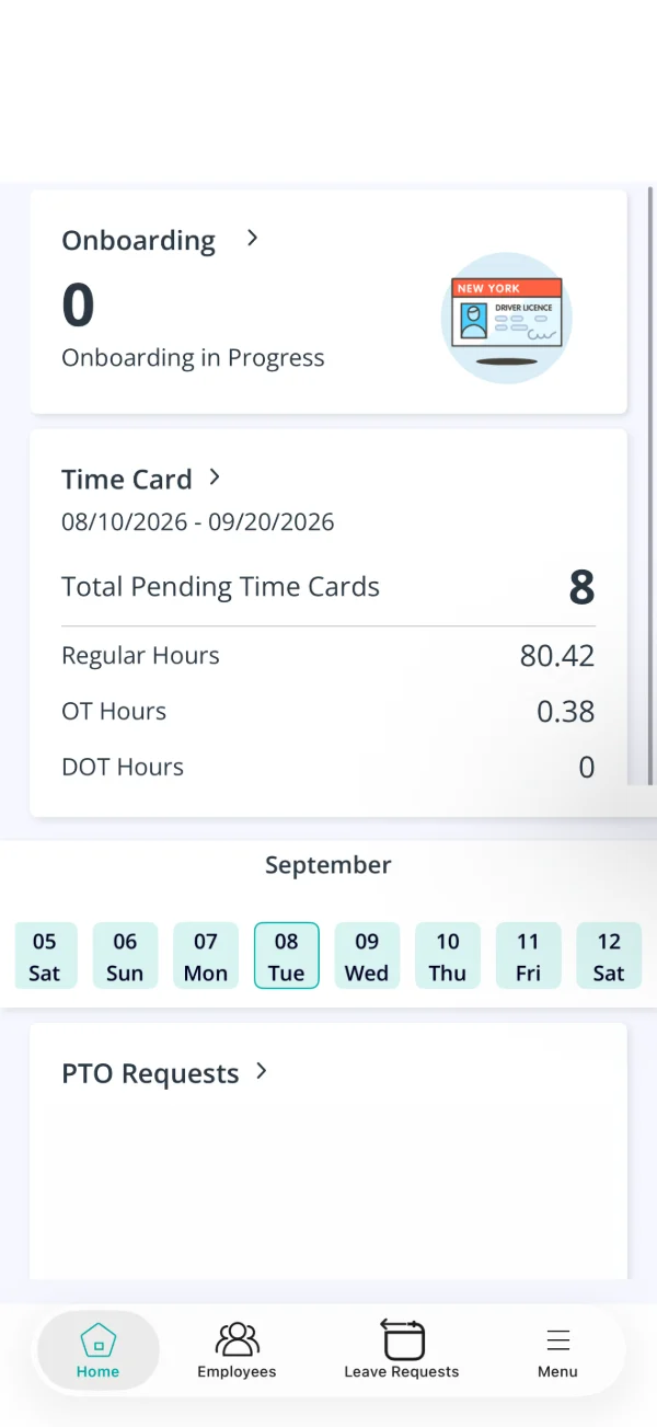 App móvil: inicio del administrador con tarjetas de tiempo pendientes y horas