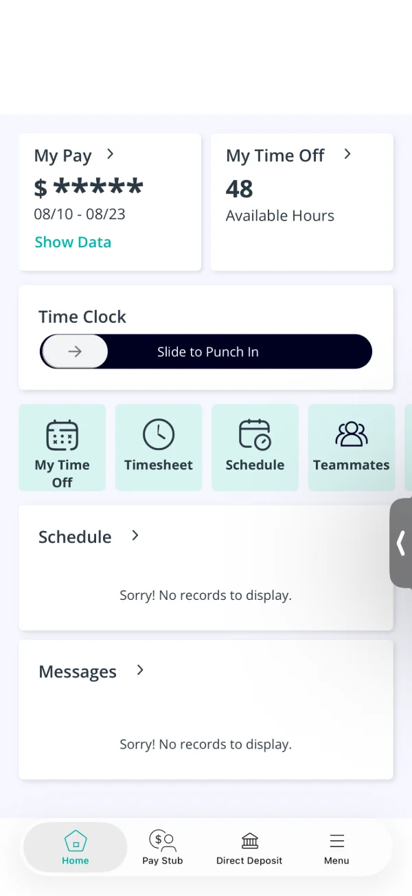 App móvil: portal del empleado con su pago, tiempo libre y reloj de entrada