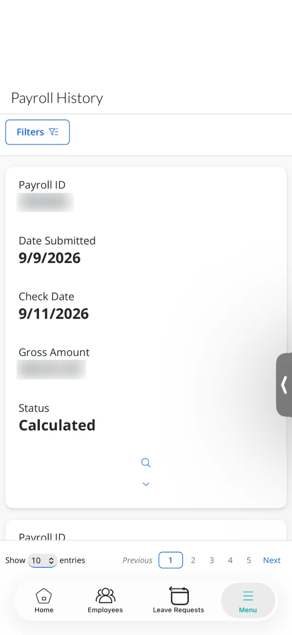 App móvil: historial de nómina con fechas y estado