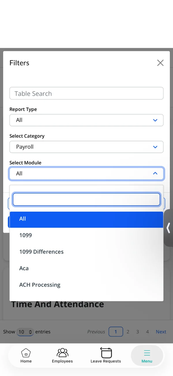 App móvil: filtros de reportes de nómina (1099, ACA, ACH)